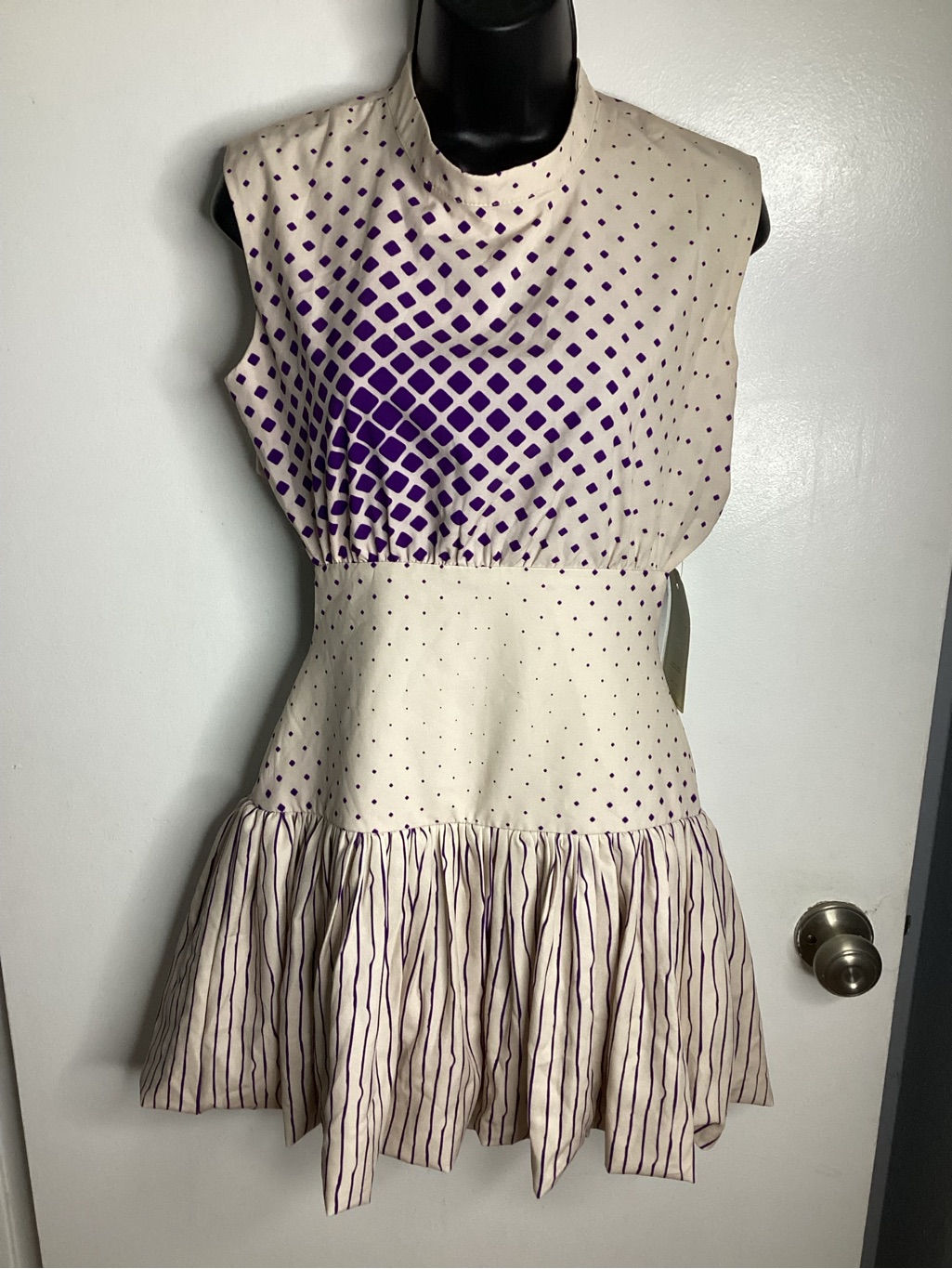 Cream And Purple Polka Dot, Stripes & Geometric Pattern Fit-And-Flare Dress L